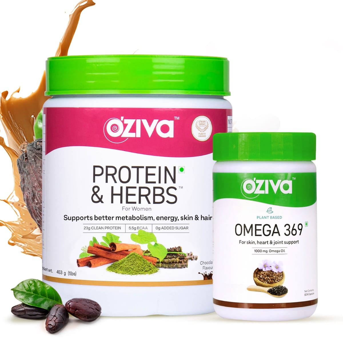 

OZiva Protein & Herbs for Weight Management, Women - Chocolate, (453g) & Plant Based Omega 369 Multivitamin Supplement For Men & Women (60 Capsules)