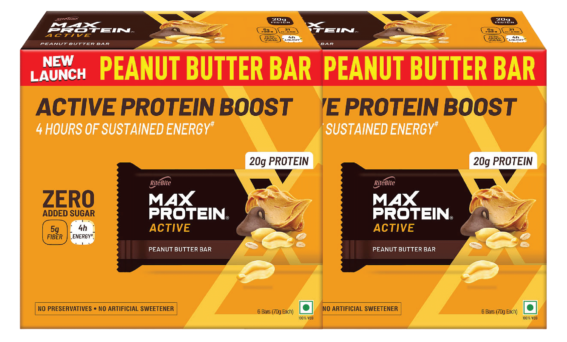 

RiteBite Max Protein Active Peanut Butter| 6 Bars, 420 g | Pack of 2