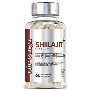Nirvasa Pure Shilajit + Capsule, for Performance, Vigour & Vitality, enriched with Shilajit, Safed Mulsi, Aswagandha and Kaunch Beej Extract, Vegeterian Capsules, 1B (1 X 60 Capsules)