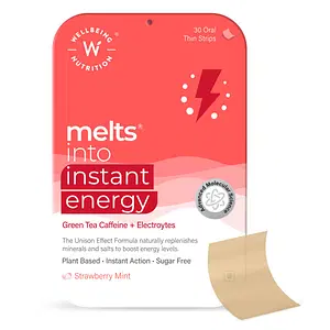 Wellbeing Nutrition Melts Instant Energy, 100% Plant Based Green Tea Caffeine, Essential Electrolytes and Vitamins for Sports Hydration, Energy Boost - 30 Rapid Oral Thin Strips