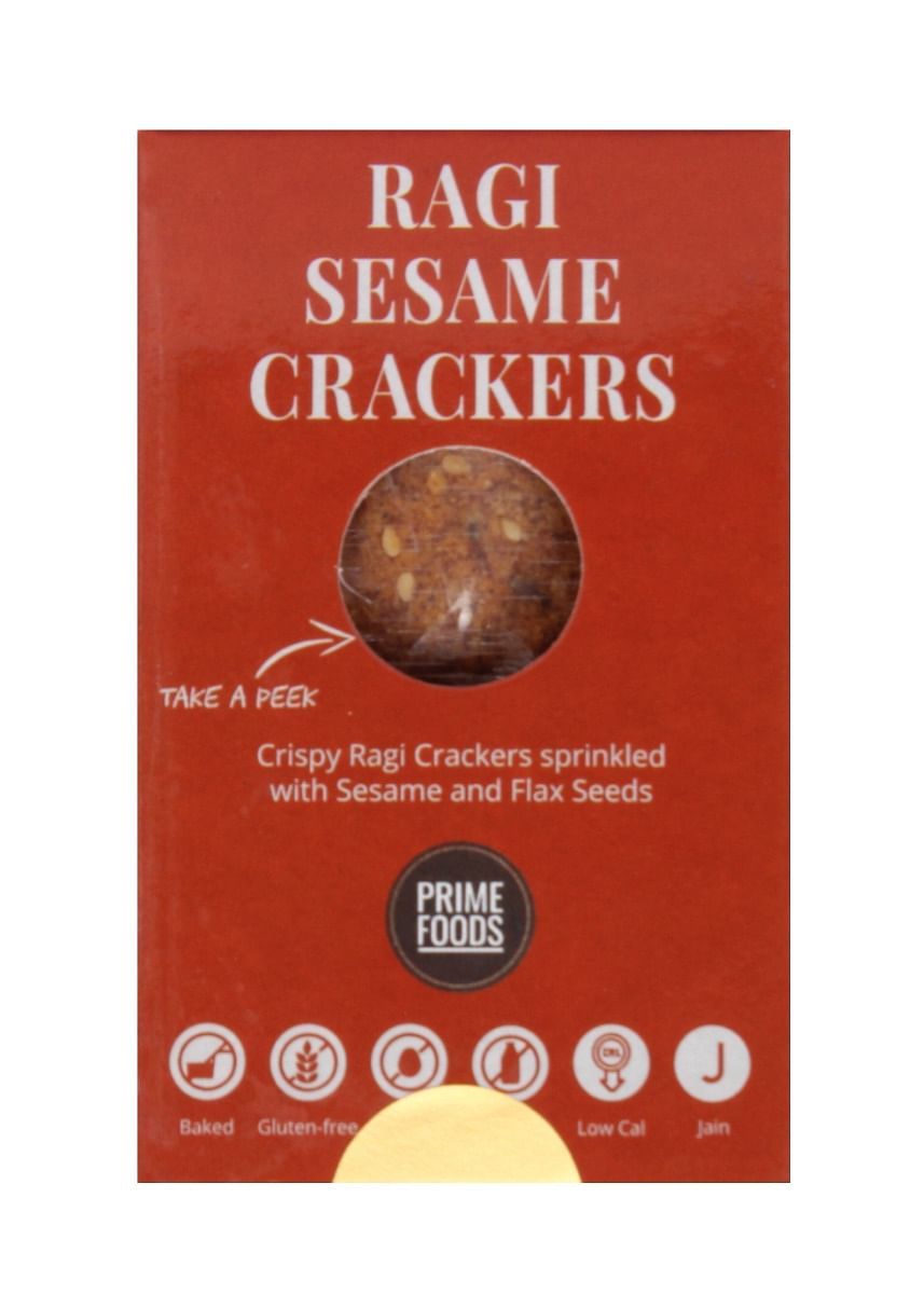 

Prime Foods Ragi Sesame Flaxers with Sesame and Flax Seeds | Baked | Jain | Vegan Snack | Rich in Fiber | Healthy Cracker | 80 Grams Each - Pack of 1