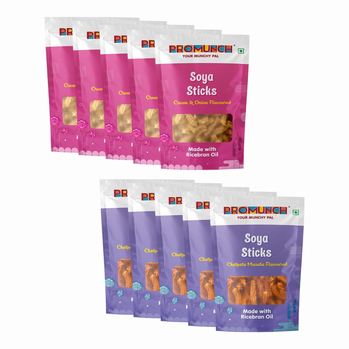 

PROMUNCH Soya Sticks (Chatpata Masala, Cream Onion) Crispy snacks | Namkeen savoury chips | No Palm Oil And Maida | Combo Pack 30g (Pack Of 10)