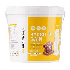 Healthfarm Hydro Gain Pure Whey Protein isolate concentrate milk protein concentrate with multivitamins Creatine 84g Protein 39.5g EAAs 18g BCAA 15g Glutamine zero sugar flavor - (CHOCOLATE GATEAU) 5KG, 11lbs