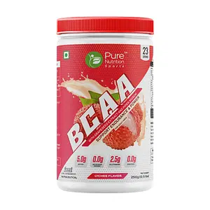 Pure Nutrition Bcaa, 2:1:1 Amino Acid Ratio| Helps In Recovery, Protein Synthesis, Endurance And Lean Muscle Mass Building| With L Citrulline, L Glutamine, Taurine, Grapeseed And Piperine Extract| Lychee 250Gms Jar