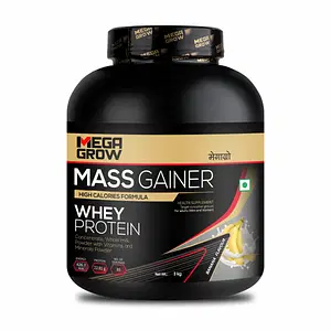 MegaGrow Mass Gainer Whey Protein with Banana Flavoured Whole Milk Powder with Vitamins and Minerals for Weight Gain (Total 30 servings) - 3 Kg