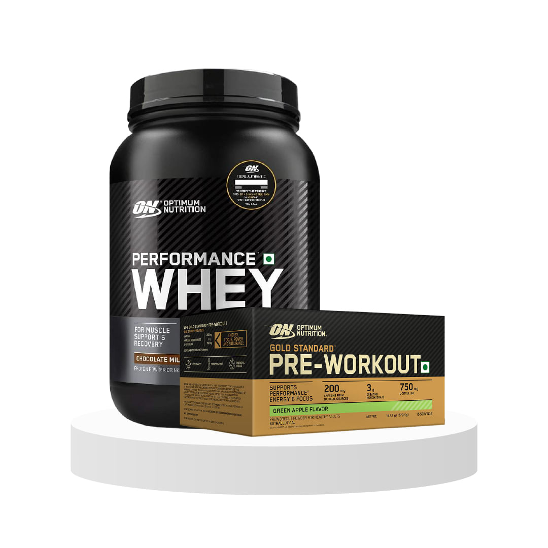 

Shop Optimum Nutrition (ON) Performance Whey Protein Powder,1Kg,Choco & Optimum Nutrition (ON) Gold Standard Pre-Workout- 142.5g/15 single serve pa...