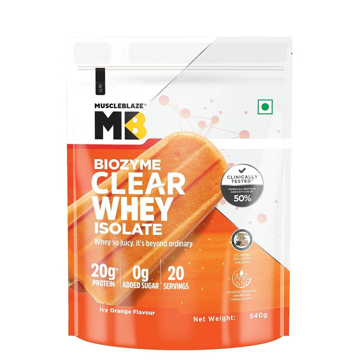 

MuscleBlaze Biozyme Clear Whey Protein Isolate | 20g Protein, 92 Calories, Zero Added Sugar (Icy Orange Flavour, 20 Servings)