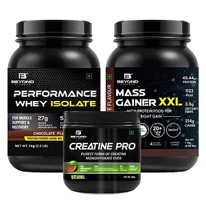 Beyond Fitness Super Pump Combo (100% Performance Whey Isolate Protein 1Kg-Mass Gainer Xxl 1Kg -3000Mg Creatine Pro 156Gm)