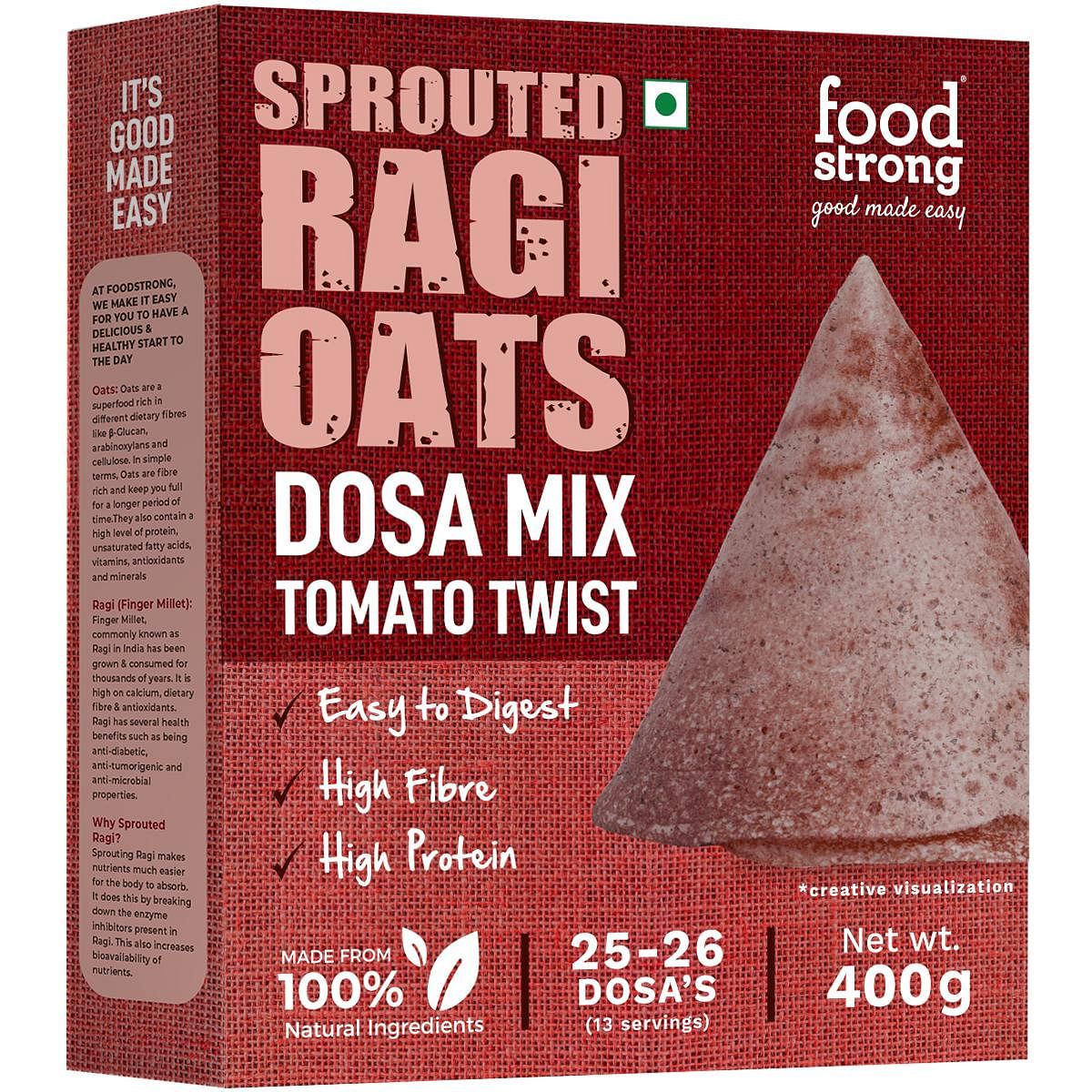 

Foodstrong Sprouted Ragi & Oats Dosa Mix Tomato Twist | 400g