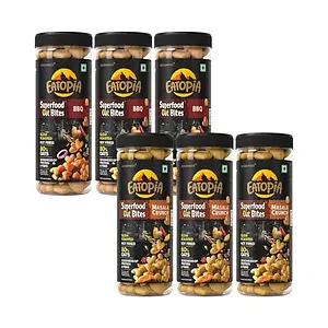 Eatopia Superfood Oat Bites - 3 Masala Crunch + 3 BBQ | Protein & Fibre enriched Diabetic friendly Zero Calorie Healthy Snacks | Whole Grain, No Maida, Not fried, Non GMO, Gluten Free Oats - Pack of 6