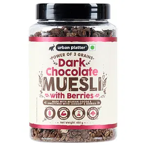 Urban Platter Dark Chocolate Muesli with Berries, 450g (Made with 25% of Fruits, Nuts & Seeds | Source of Protein | High in Fibre | Healthy Multigrain Breakfast Cereal | Enjoy as a snack, with Milk, in Yogurt, Smoothie Bowls)