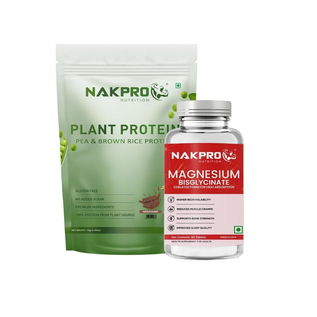 

NAKPRO Vegan Plant Protein Powder (Pea Protein & Brown Rice Protein), Chocolate - 1kg | 25.2g Protein, 4.9g BCAA |NAKPRO Chelated Magnesium Bisglyc...