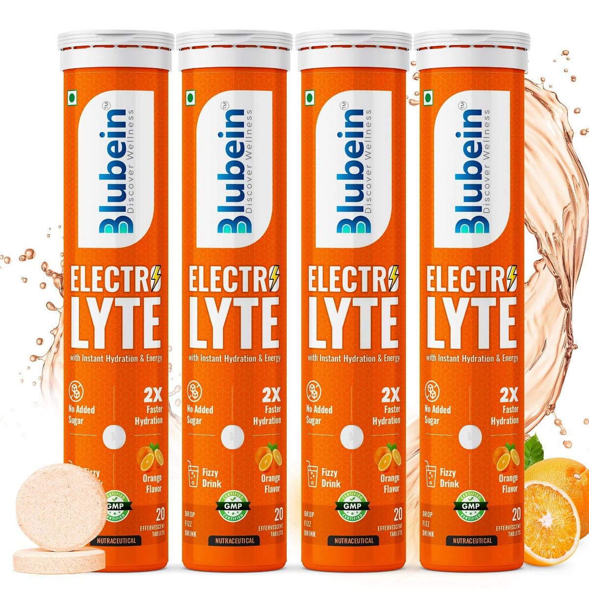 

Blubein Electrolyte ++ Effervescent tablets | Instant Hydration | Energy Booster| Orange Flavour | Pack of 4 | 20 Tablets (Orange)