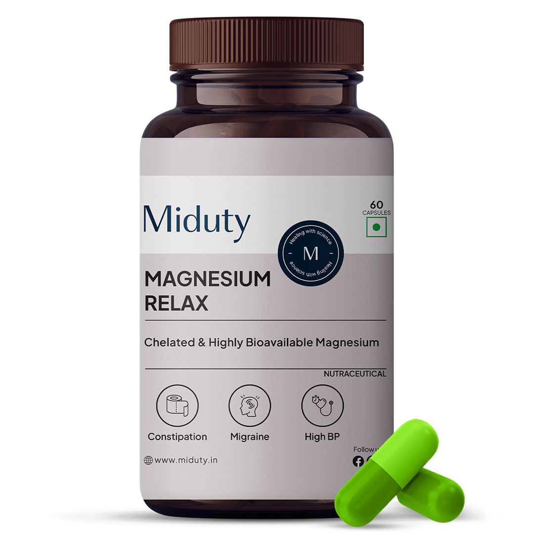 

Miduty Magnesium Relax Chelated - Migraine - High BP - Constipation - Magnesium Bisglycinate - 60 Capsules