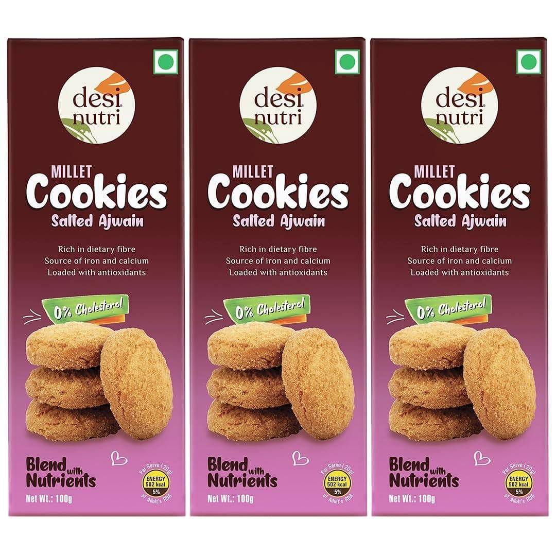 Desi Nutri Ajwain Cookies | Wholesome Balance of Taste & Nutrition | Flavourful & Delicious | Rich in Calcium | Low GI | 3 Cookies x 100g - Combo