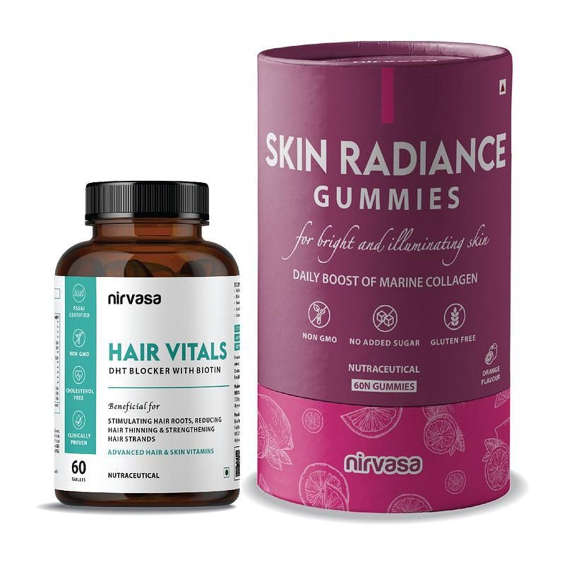 

Nirvasa Hair Vitals DHT Blocker with Biotin Tablets & Skin Radiance Collagen Gummies Combo | Natural Formulations for Healthy Hair & Skin | Cholest...