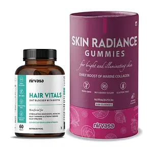 Nirvasa Hair Vitals DHT Blocker with Biotin Tablets & Skin Radiance Collagen Gummies Combo | Natural Formulations for Healthy Hair & Skin | Cholesterol & Chemical Free | 60 Tablets & 60 Gummies