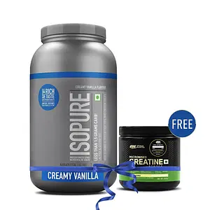 ISOPURE [Whey Protein Isolate Powder, 4.40 lbs/2 kg (Creamy Vanilla), Low carbs, Lactose-free, Vegetarian protein for Men & Women] with FREE Optimum Nutrition Micronised Creatine Powder, 250g