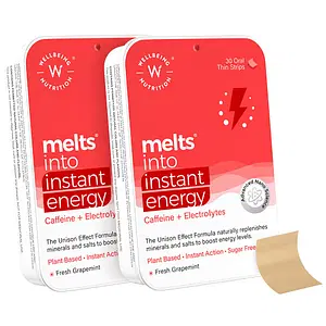 Wellbeing Nutrition Melts Instant Energy, 100% Plant Based Green Tea Caffeine, Essential Electrolytes and Vitamins for Endurance, Sports Hydration, Pre Workout Energy Boost (30 Oral Strips Pack of 2)