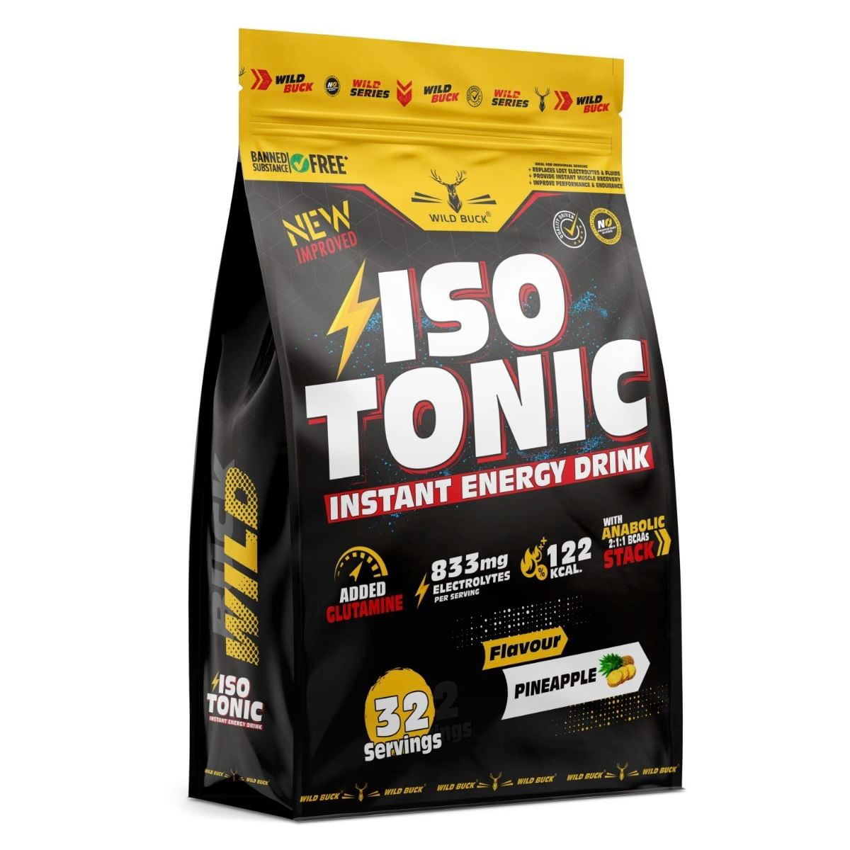 

WILD BUCK Isotonic Instant Energy Drink Formula with Anabolic Stack 2:1:1 BCAA & L-Glutamine (1kg, Pineapple)