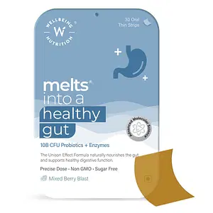 Wellbeing Nutrition Melts Healthy Gut |Plant Based Probiotic 10B CFU, Digestive Enzyme  with Organic Apple Cider Vinegar For Indigestion, Gas, Acidity and Bloating (30 Oral Strips)