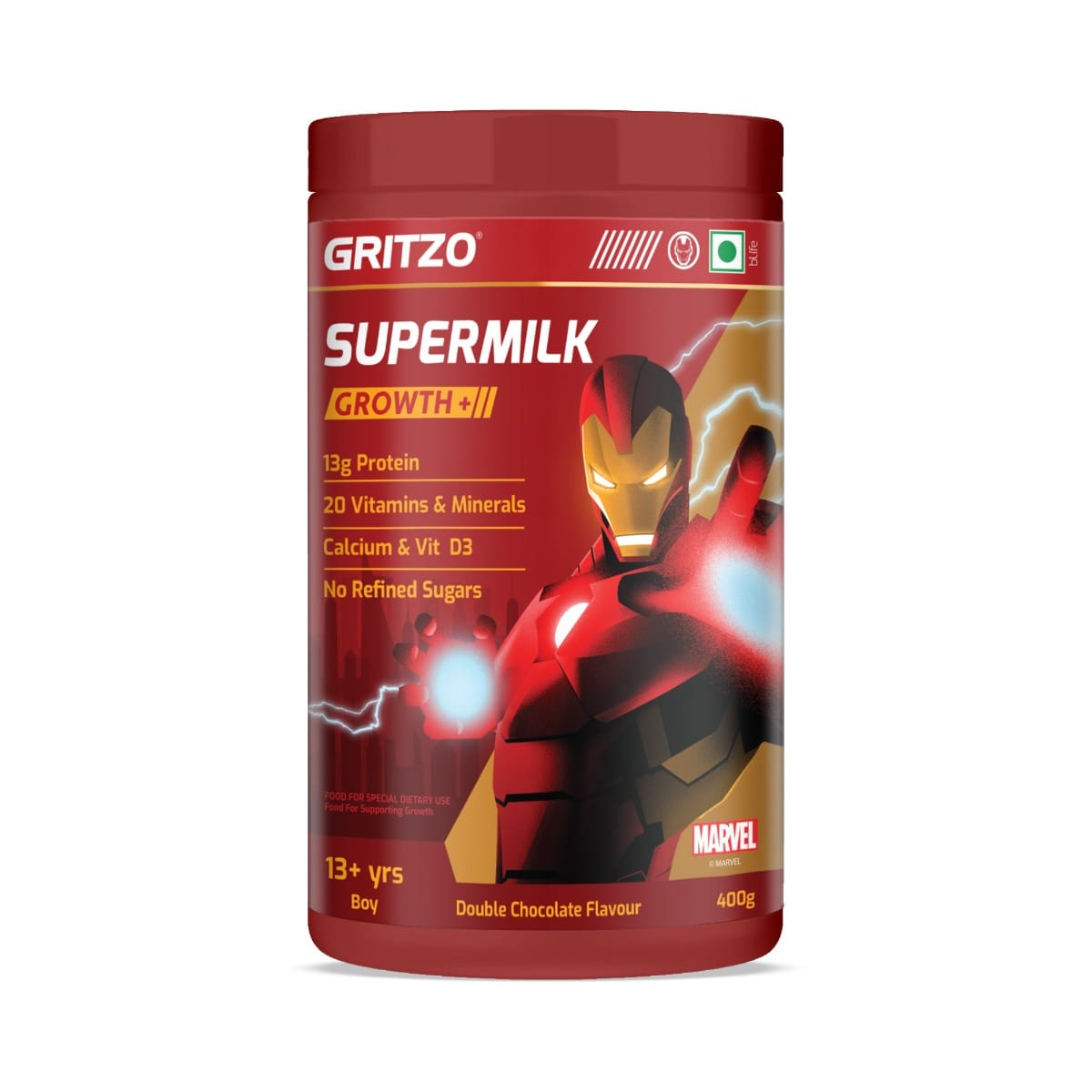

Gritzo SuperMilk Growth+ Iron Man (13+y Boy), 13g Protein Powder (Double Chocolate, 400g)