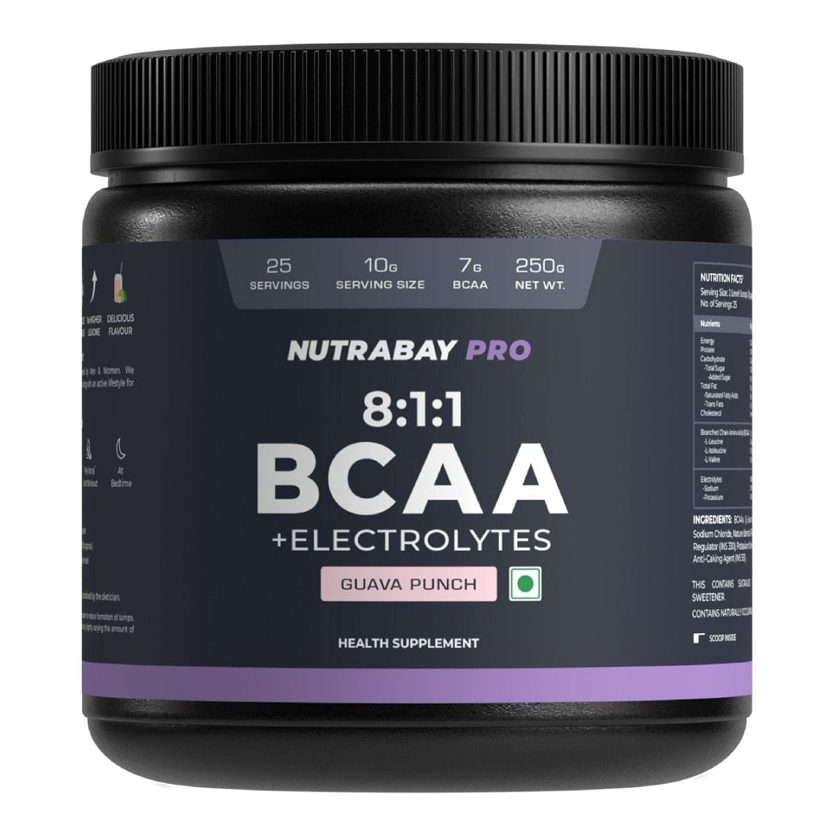 Nutrabay PRO BCAA 8:1:1 with Electrolytes - 7g Vegan BCAAs, 1000 mg Electrolytes - Intra/Post Workout Energy Drink - 250g