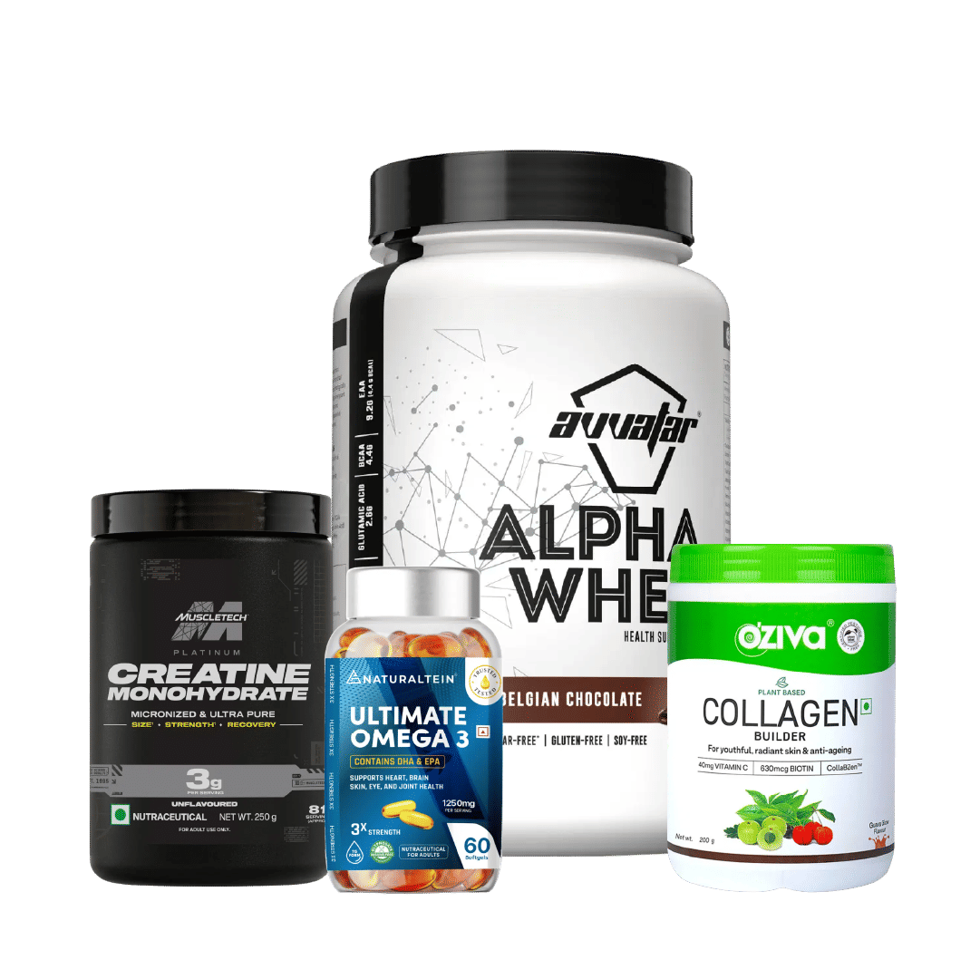 Avvatar Alpha Whey Protein 1kg Belgian Chocolate + MuscleTech Creatine Monohydrate 250g + OZiva Collagen Builder 200g + Naturaltein Omega 3 60 Capsules | Muscle, Recovery, Skin & Wellness Combo-picture-17