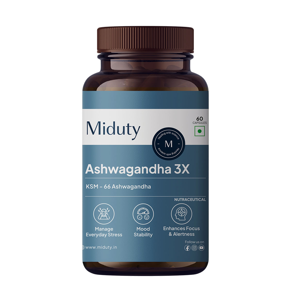 

Miduty KSM 66 Ashwagandha 3x - Stress Mood Stamina - Cortisol - Purely Potent - 60 capsules