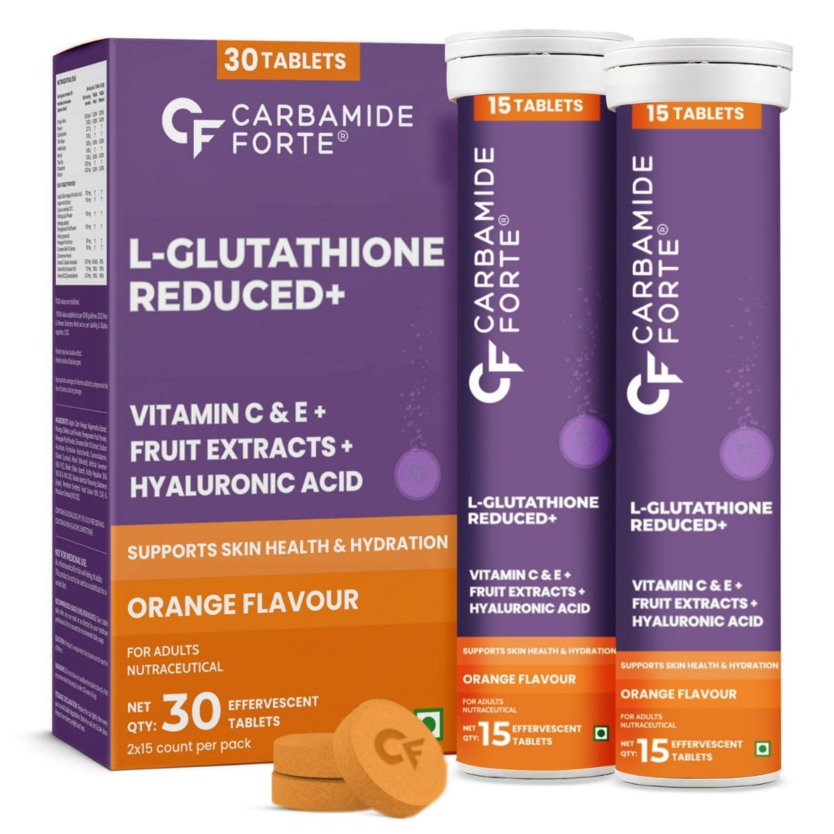 Carbamide Forte Japanese Reduced L Glutathione Supplements Effervescent Tablet 600mg | L Glutathione Tablets for skin health - 15 Tablets (Pack of 2)