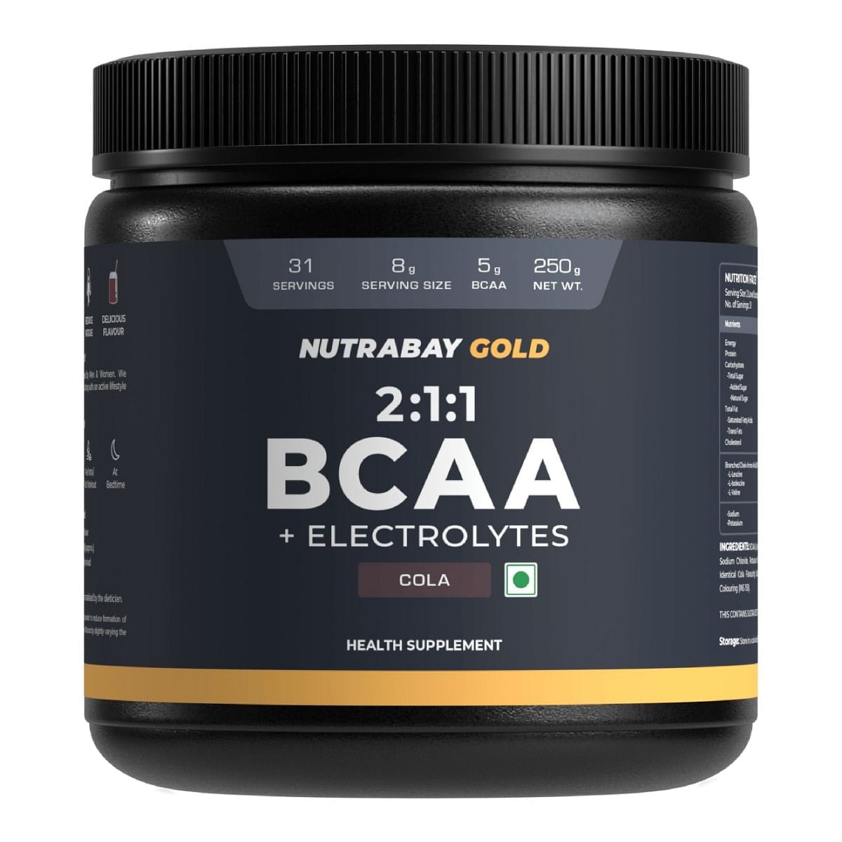 Nutrabay Gold BCAA 2:1:1 with Electrolytes - 5g Vegan BCAAs, Pre/Post Workout Energy Drink - 250g