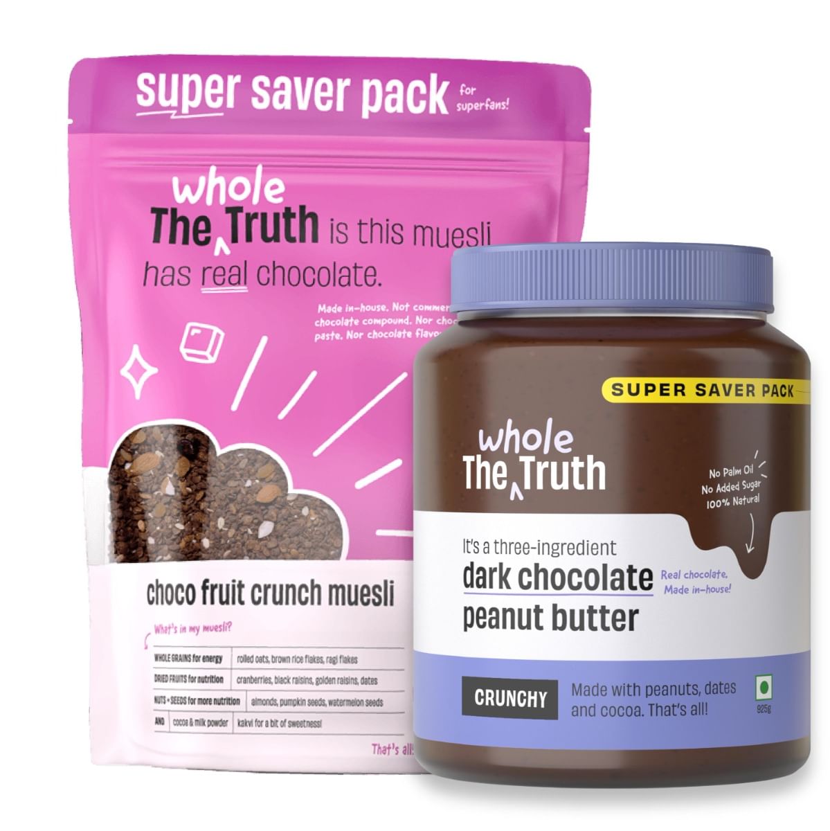 

The Whole Truth - SUPERSAVER Breakfast Combo - Dark Chocolate Peanut Butter Crunchy (925g) & Choco Fruit Crunch Muesli (750g) - With Real Chocolate...