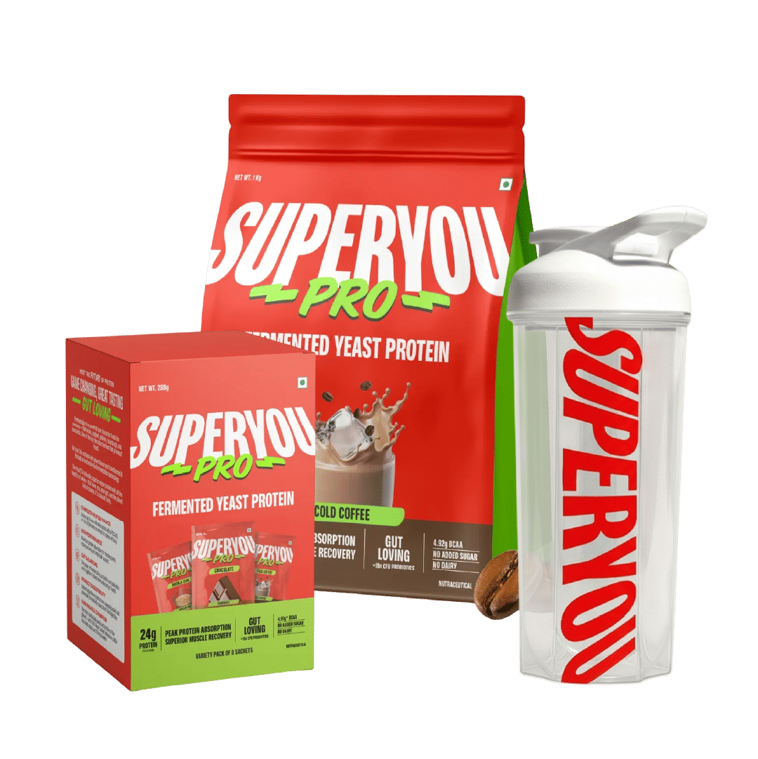 

Superyou Pro Fermented Yeast Protein Isolate 1kg Cold Coffee + Assorted Box 8 Sachets (288g) | 24g Protein | Vegan | Gut Friendly | 1Bn Probiotics ...