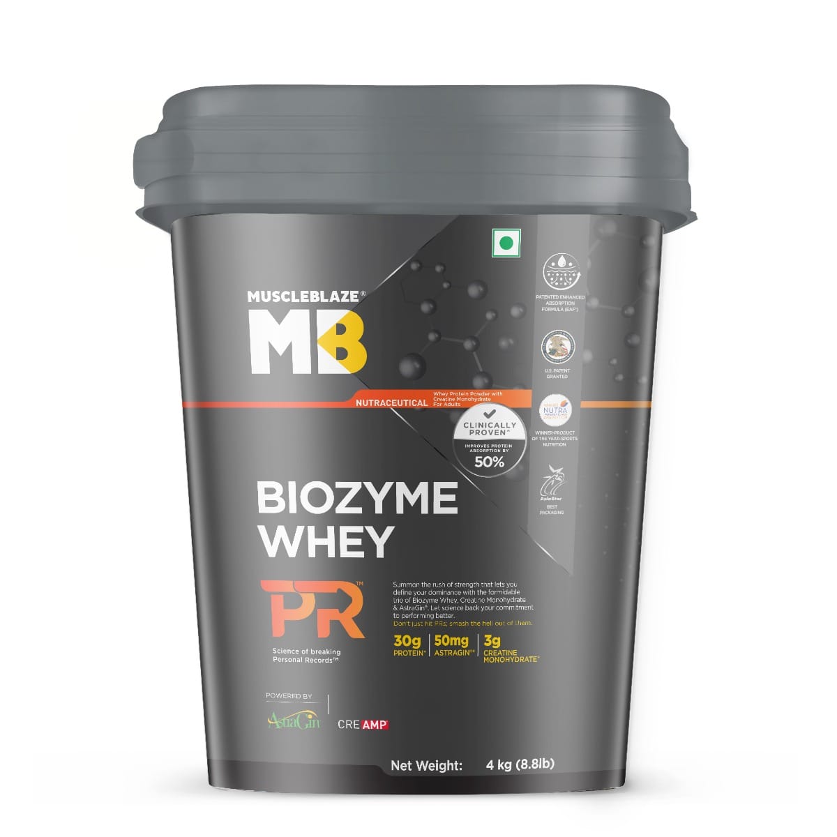 

MuscleBlaze Biozyme Whey Protein PR with 30g Protein, 3g Creatine Monohydrate & 50mg AstraGin® (Chocolate Fudge, 4kg) | Trustified Gold Certified