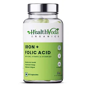 Health Veda Organics Iron + Folic Acid Supplement with Zinc, Vitamin C & Vitamin B12 | 60 Veg Capsules | Supports Blood Building, Immunity and Energy | Enhances Iron Absorption| For Both Men & Women