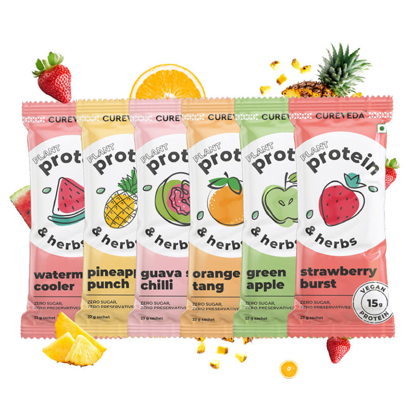 

Cureveda Pea Protein Isolate Powder with Herbs, No Sugar Added, Orange, Pineapple, Watermelon, Guava, Green Apple, Strawberry, 6 Flavours x 1 Sache...