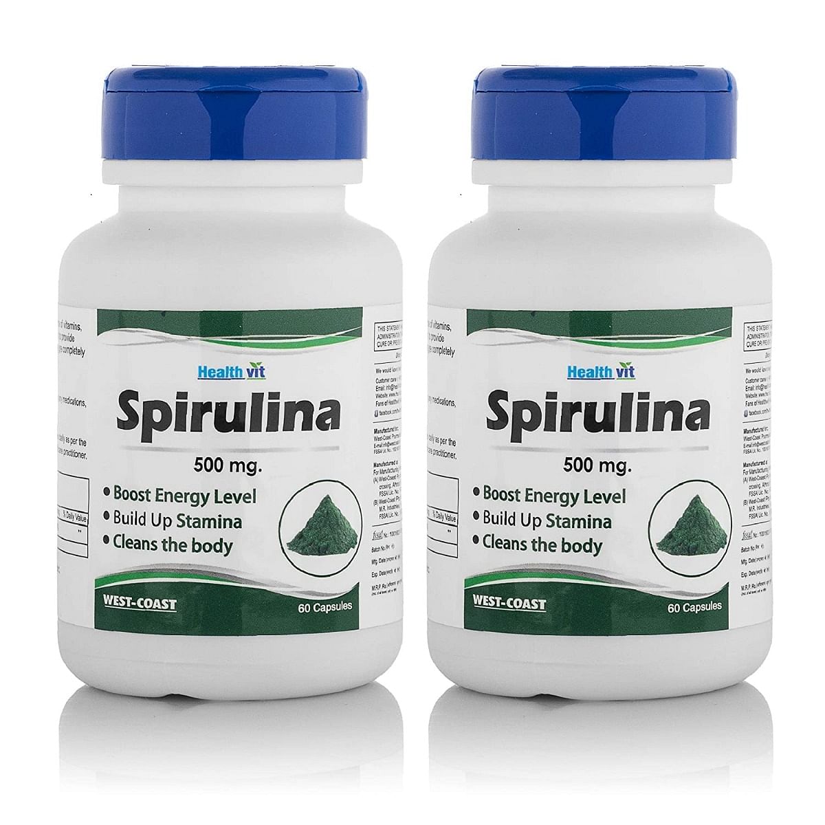 

Healthvit Spirulina Powder | 60 Spirulina Capsules | 100% Vegan Spirulina Tablets - 500mg (Pack Of 2)