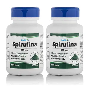 Healthvit Spirulina Powder | 60 Spirulina Capsules | 100% Vegan Spirulina Tablets - 500mg (Pack Of 2)