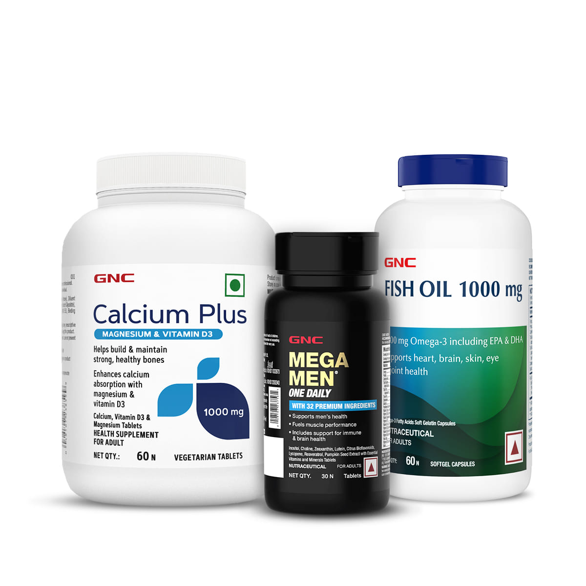 GNC Fish Oil Omega-3 for Healthy Heart & Bone health | Calcium + D3 (60) | Multivitamin Combo