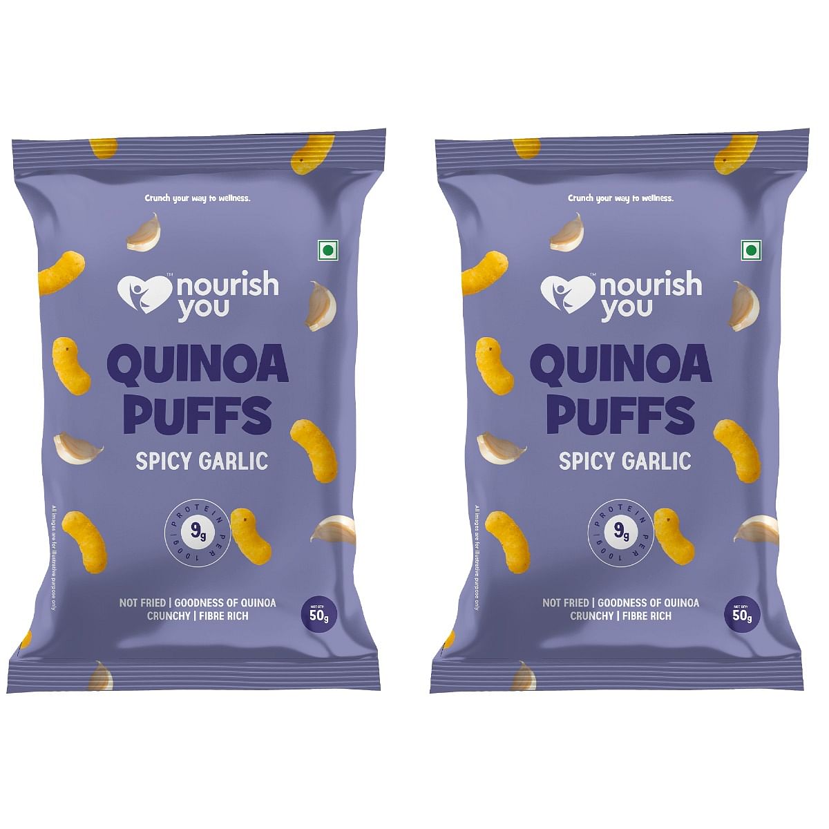 

Nourish You Organic Quinoa Puffs - Quinoa Snack , Spicy garlic flavour , Healthy snacks , Gluten free -50gm ( Pack of 2)