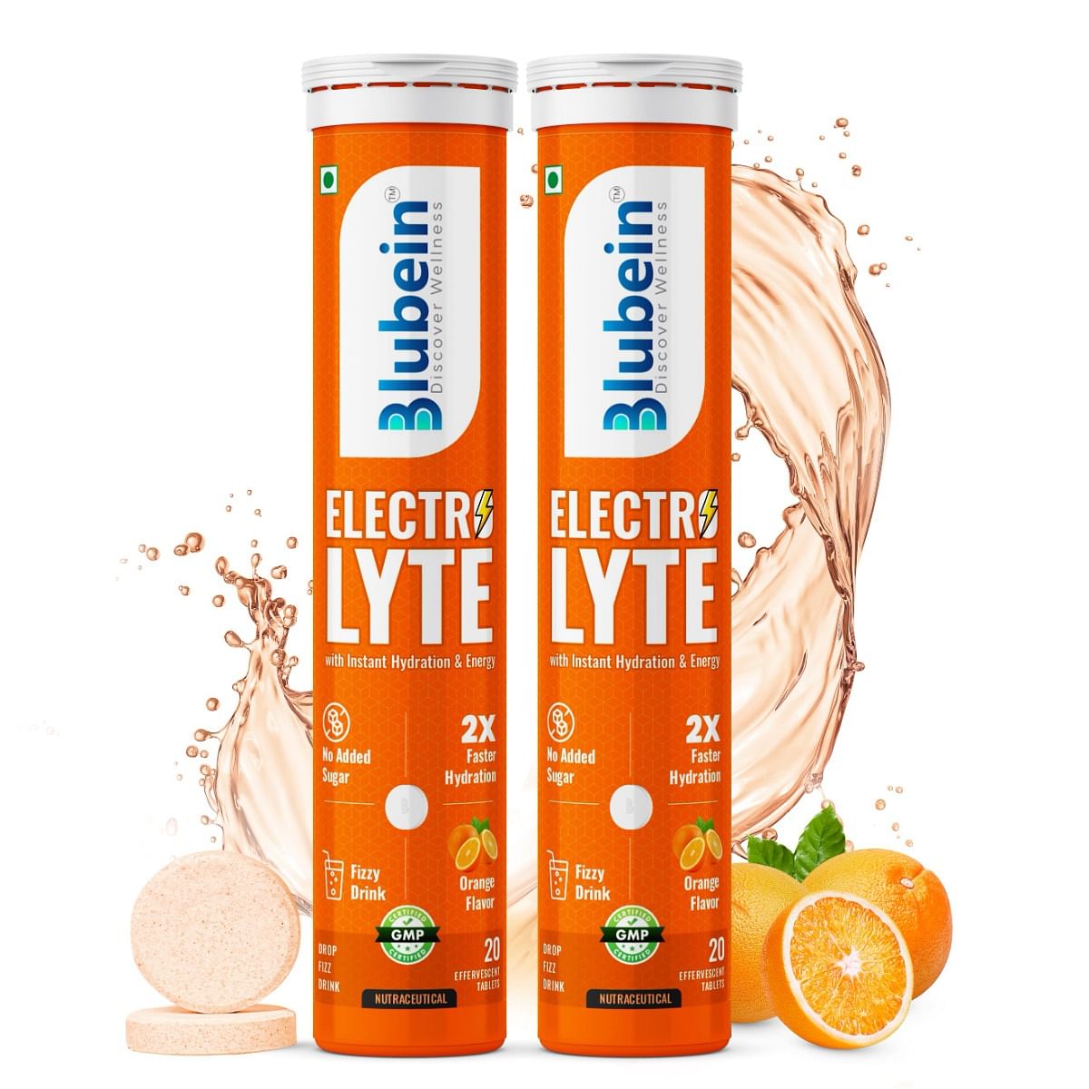 

Blubein Electrolyte ++ Effervescent tablets | Instant Hydration | Energy Booster| Orange Flavour | Pack of 2 | 20 Tablets (Orange)