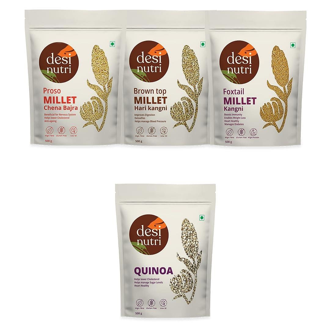 

Desi Nutri Multi Millet Buy 3 & Get 1 FREE (Buy Proso +Browntop + Foxtail & Get Quinoa FREE) | Millets | Millet Combo Offers | Rich in Fiber and Pr...