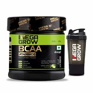Megagrow BCAA  Advance Supplement Powder Green Apple with Protein Shaker, 400 Gm - 29 Servings, No Sugar Added