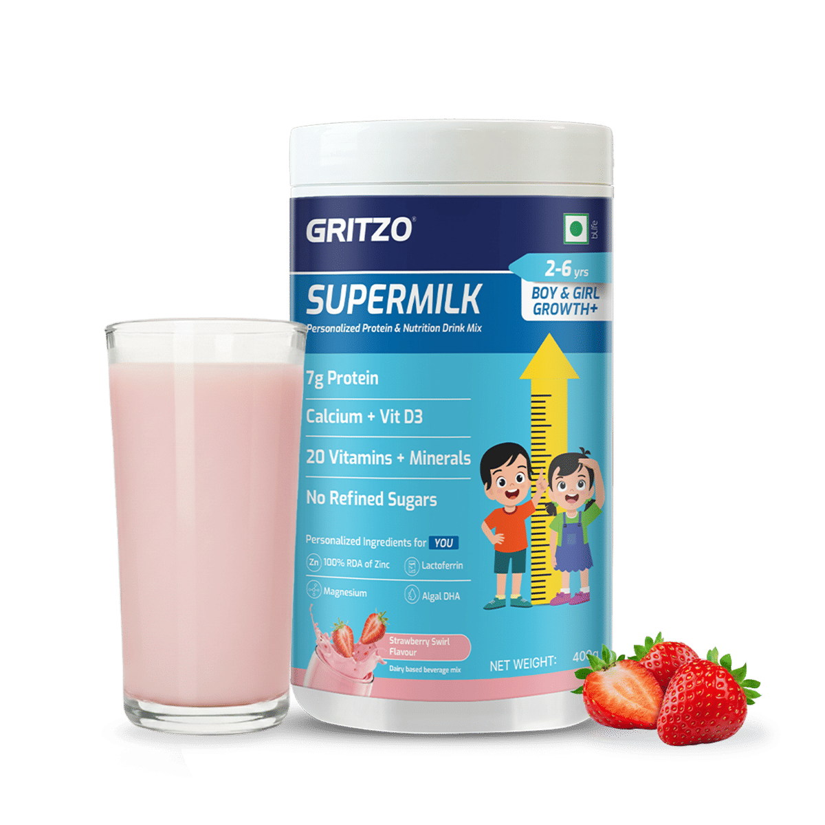 Gritzo SuperMilk Growth+ (Formerly Height+) (2-6y Boy & Girl), 7g Protein Powder (Strawberry Swirl, 400g) | Zero Refined Sugar, 20 Vitamins & Minerals-image-8