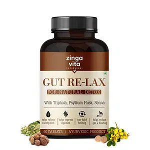 Zingavita Ayurveda Gut Relax with Natural Probiotics for Gut Health | Helps Relieve constipation, Bloating & Acidity | Infused with Ayurvedic Herbs like Senna, Triphala, Psyllium Husk | 60 Veg Tablets