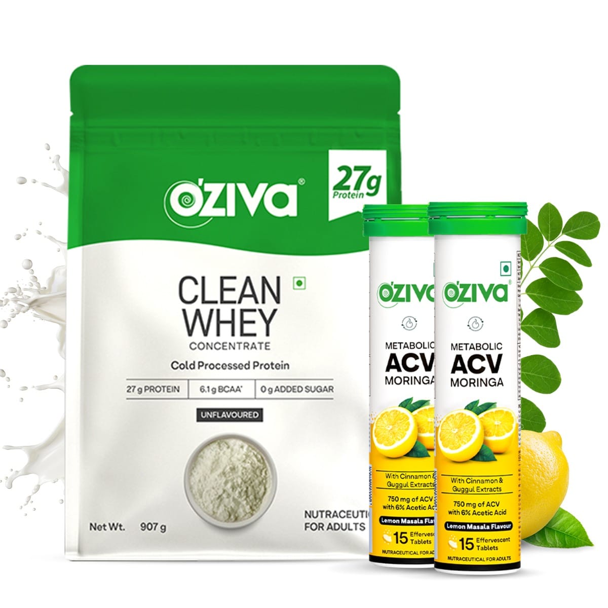 

OZiva Clean Whey Concentrate Protein Powder (27g Protein), Unflavoured, 907g and ACV Moringa (Control Cravings) - Green Apple (30 Effervescent Tabl...