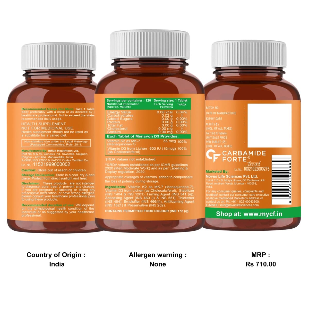 Carbamide Forte Vitamin D3 K2 MK7 120 Veg Tablets Bone Health