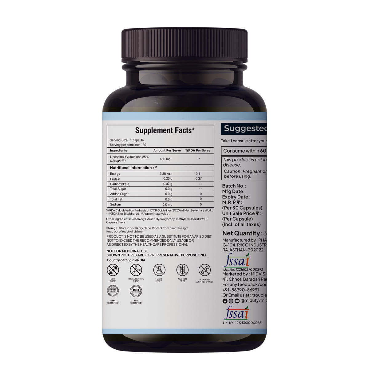 Miduty Liposomal Glutathione 85% - Skin Whitening - Anti-aging - High  Absorption