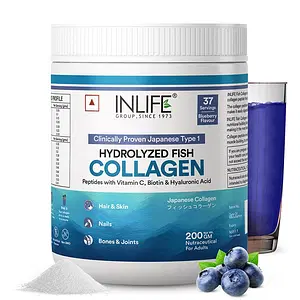 INLIFE Japanese Marine Collagen Supplements for Women & Men | Fish Collagen Powder for Skin & Hair | Clinically Proven Ingredient with Biotin, Hyaluronic Acid, Vitamin C & Glucosamine (Blueberry, Fish Collagen, 200g)