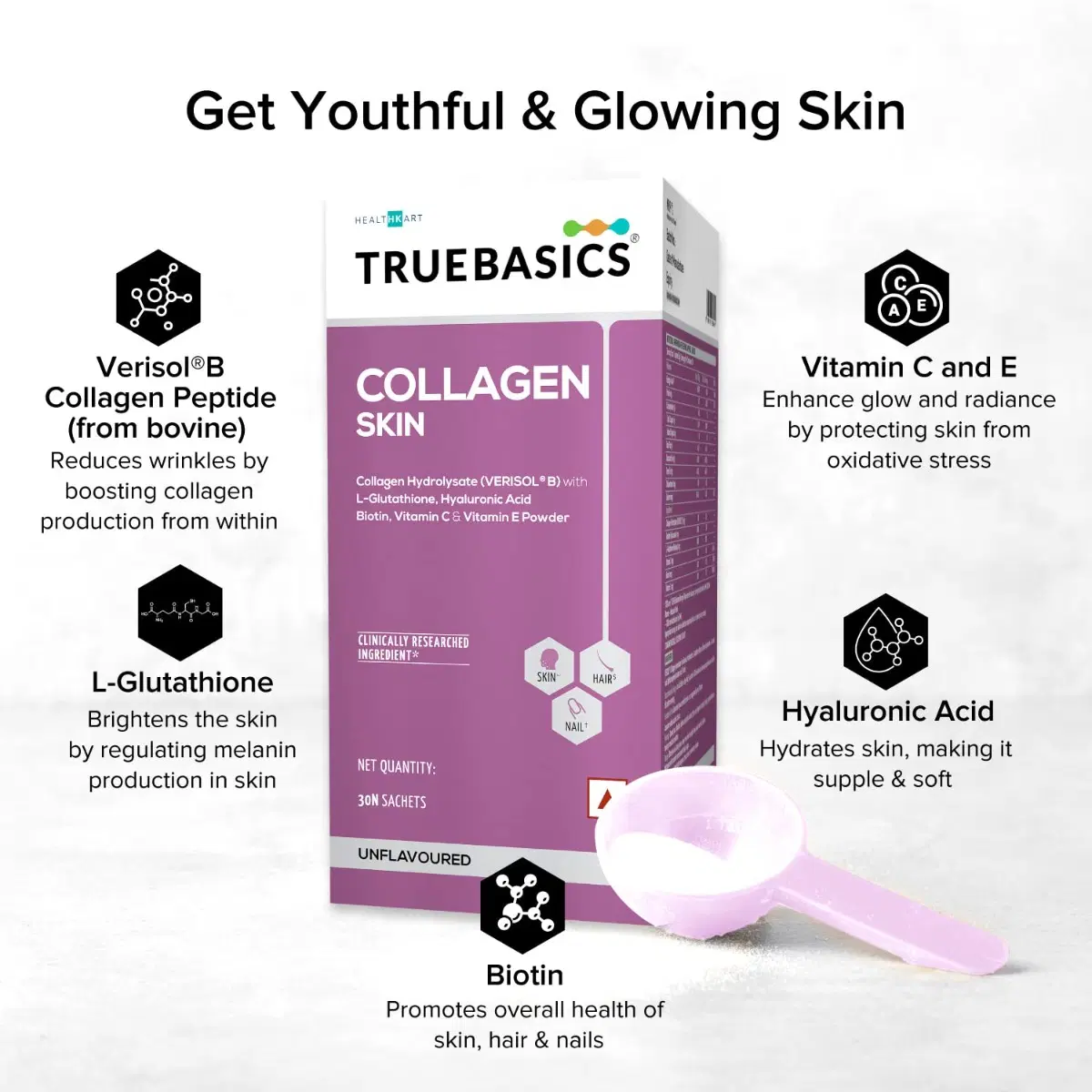 truebasics glutathione TrueBasics Collagen Skin with L-Glutathione, Collagen Peptides, Biotin,  Vitamin C & Vitamin E, for Wrinkle Reduction, Anti-Ageing, Healthy Skin &  Hair, Clinically Researched (Unflavoured, 30 No)